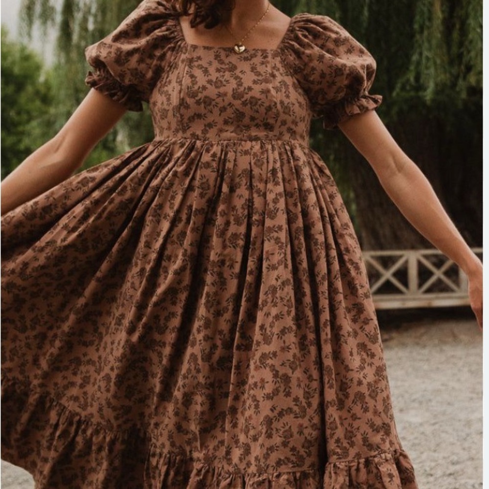 Cottagecore Ivy City Co Brown Pleated Puff Sleeve Midi dress